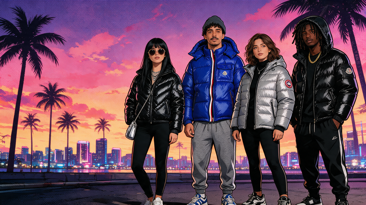 Quatre jeunes en doudounes Moncler et Canada Goose, style GTA, coucher de soleil